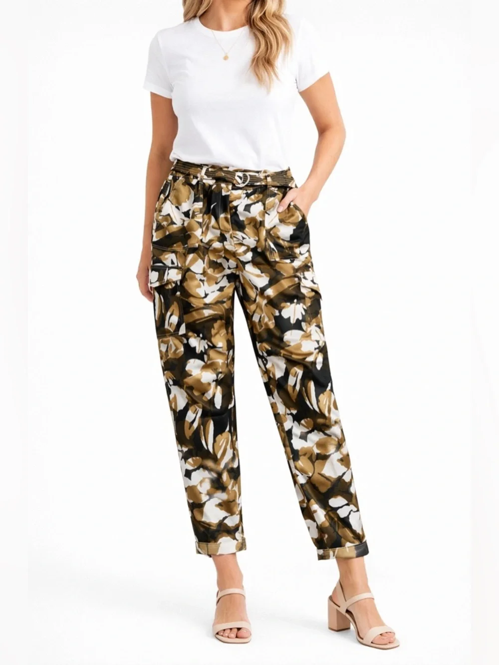 Chico’s Camo Cargo Pants Belted Utility Pants Size 0.5 Small Olive Tan